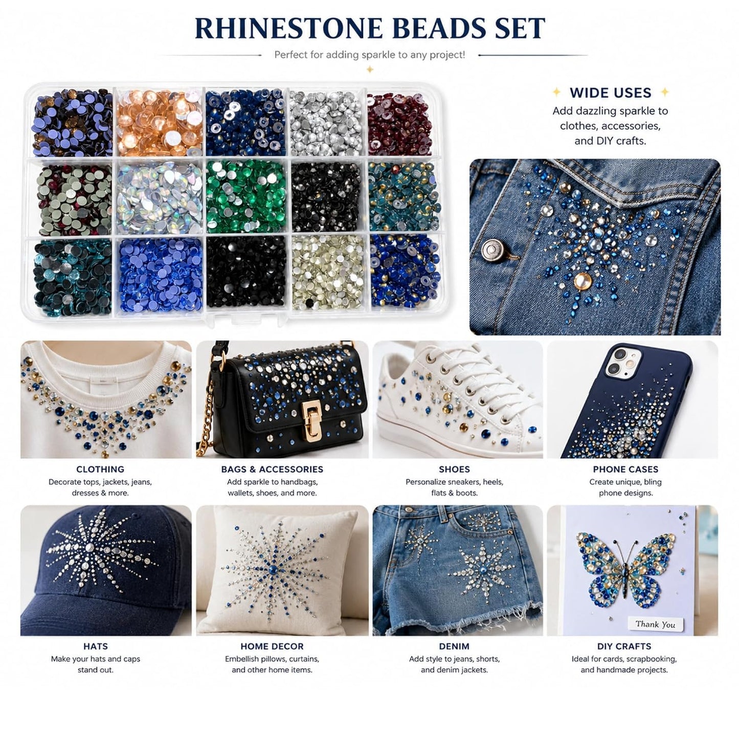 15 Color Rhinestone Kit Flat Back Acrylic Gems | Clothing Embellishments