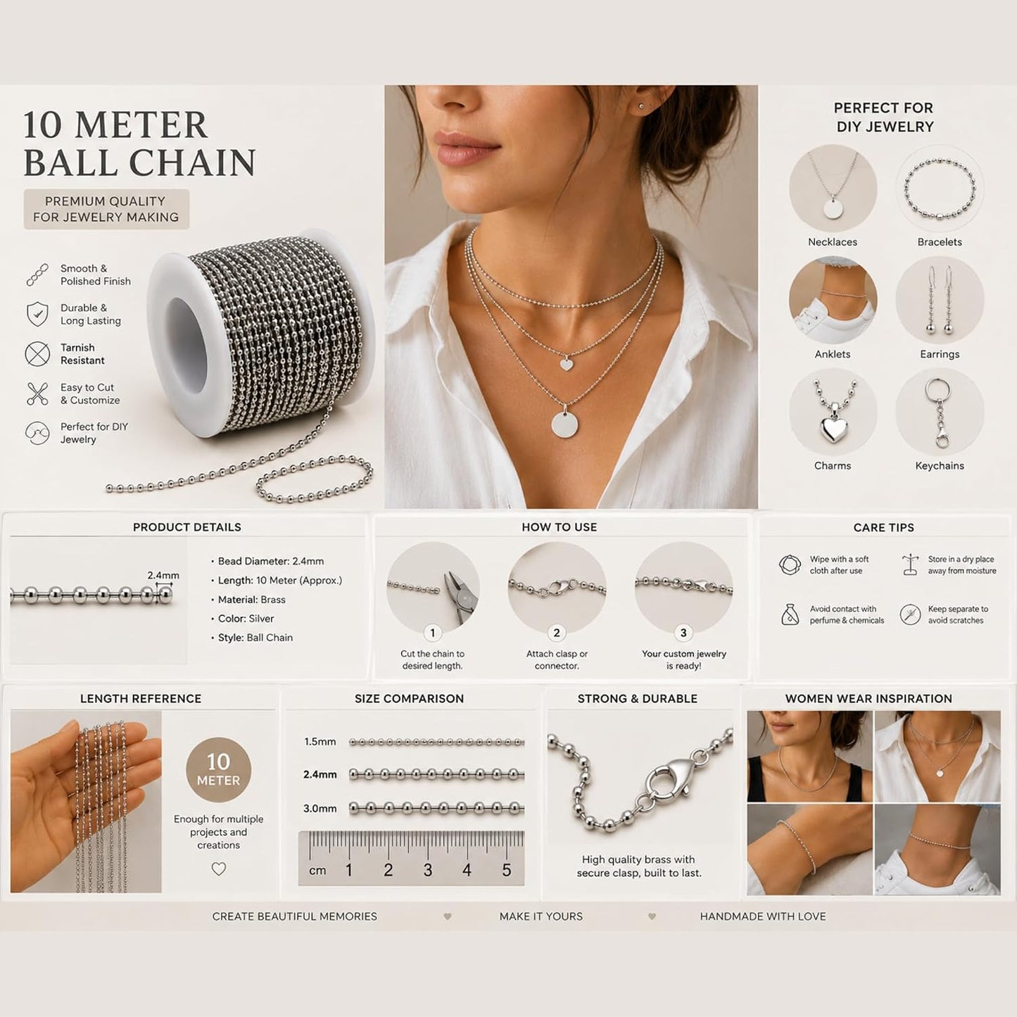 10 Meter Ball Chain Roll Metal Bead Chain Jewelry Making, Necklace Extension 1 mm
