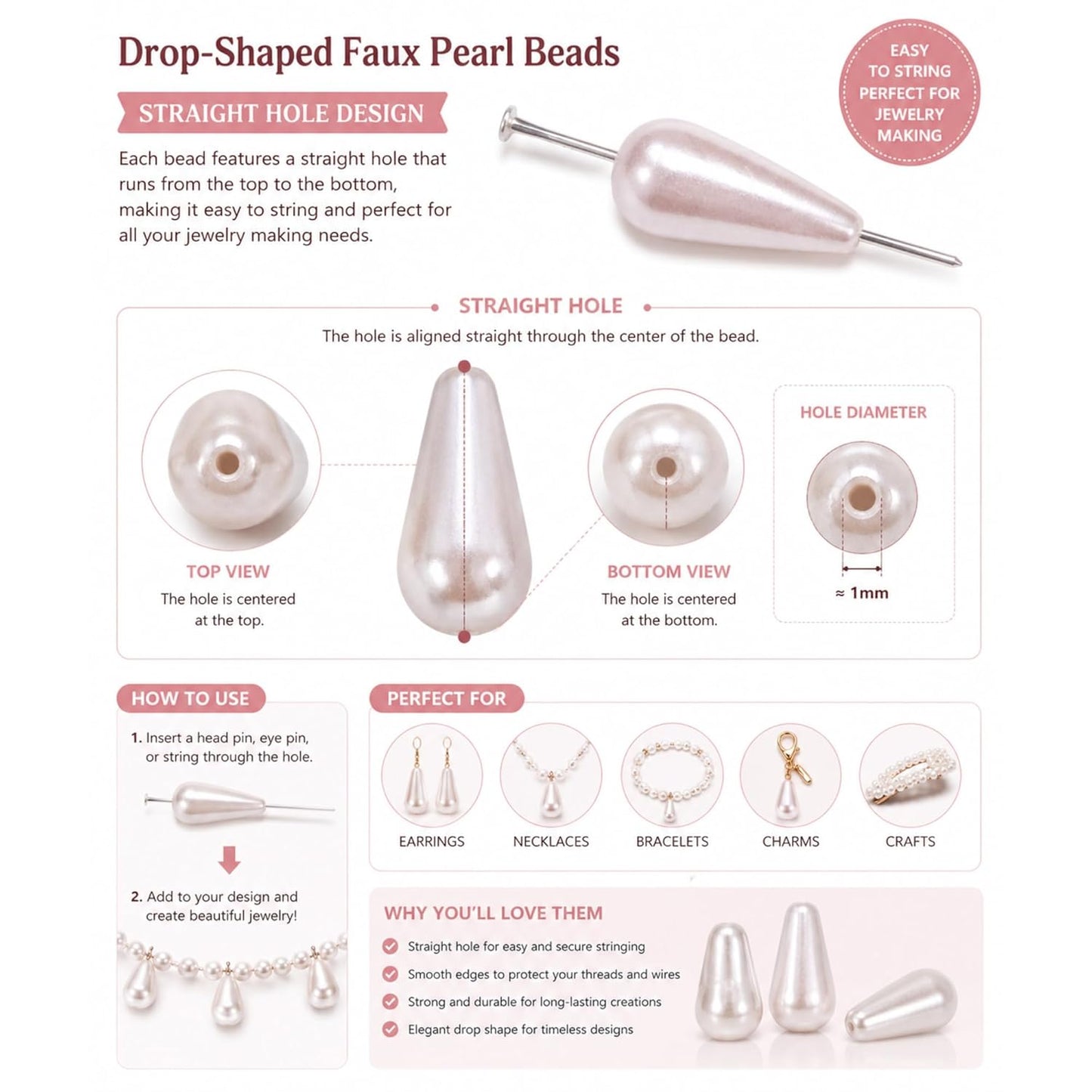 Drop Shaped Faux Pearl Beads for Jewelry Making Earring Making Teardrop Beads with Straight Hole for DIY Jewelry ( 100 Gram )