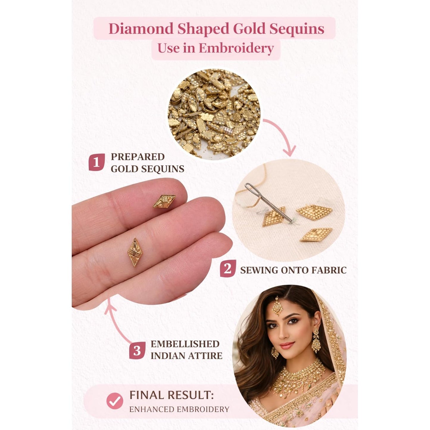 Gold Diamond Shape Embroidery for Saree Blouse Dress Zari Dabka Embellishments