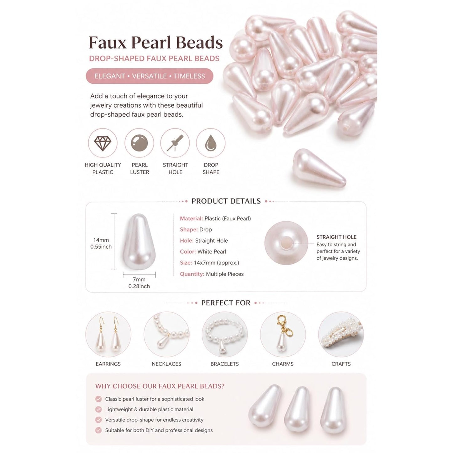 Drop Shaped Faux Pearl Beads for Jewelry Making Earring Making Teardrop Beads with Straight Hole for DIY Jewelry ( 100 Gram )