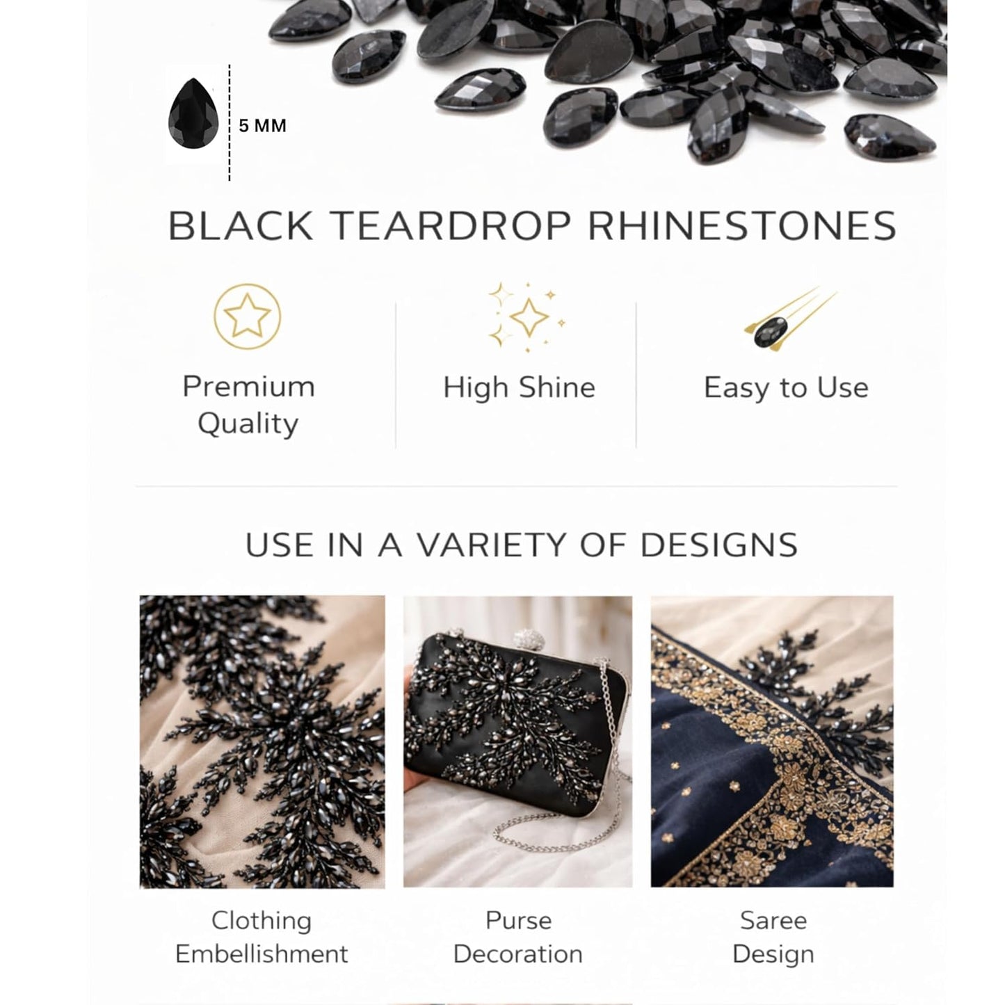 Black Teardrop Rhinestones for Embroidery Stones for Saree Blouse Dress Decoration Sewing & Glue Work DIY Craft & Jewelry Making Saree Embellishment