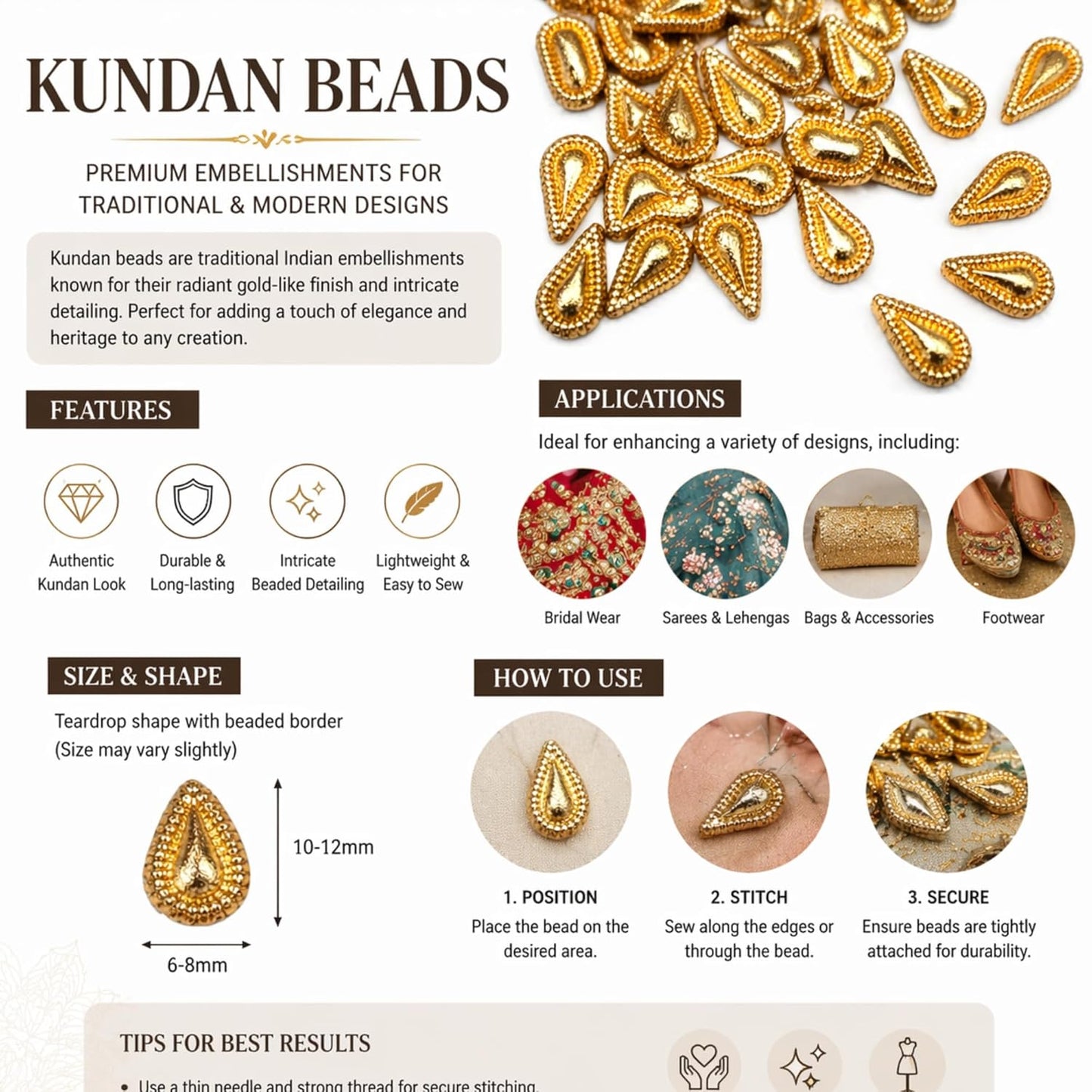 Kundan Teardrop Beads for Embroidery Sewing & Craft Flatback
