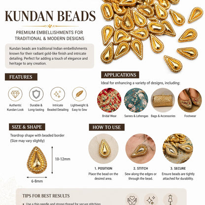 Kundan Teardrop Beads for Embroidery Sewing & Craft Flatback