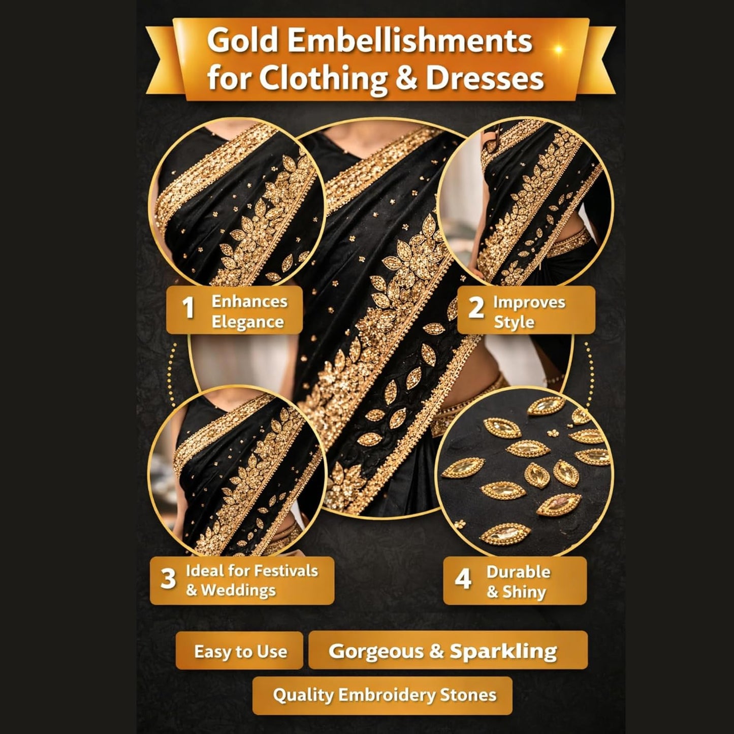 Golden Marquise Shape Flatback Embroidery Stones for Fabric Clothing Embellishment