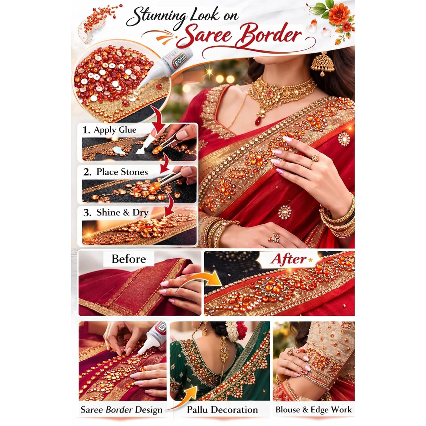 Orange Rhinestones Circular Stickable Plastic Kundan Beads for Saree Border Jewelry Making Nail Face Makeup Art Crafts Clothes Decoration DIY Art & Crafts
