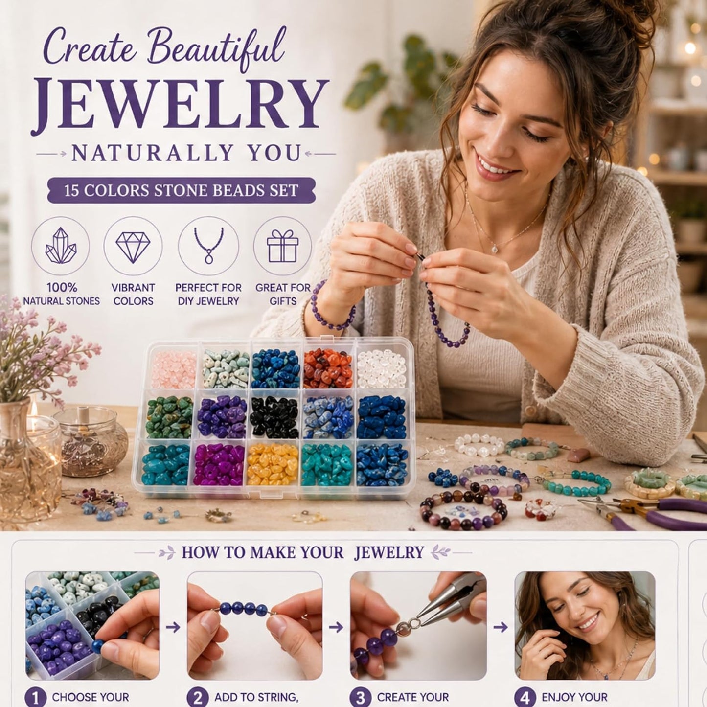 15 Color Natural Stone Chip Beads Jewelry Making Kit