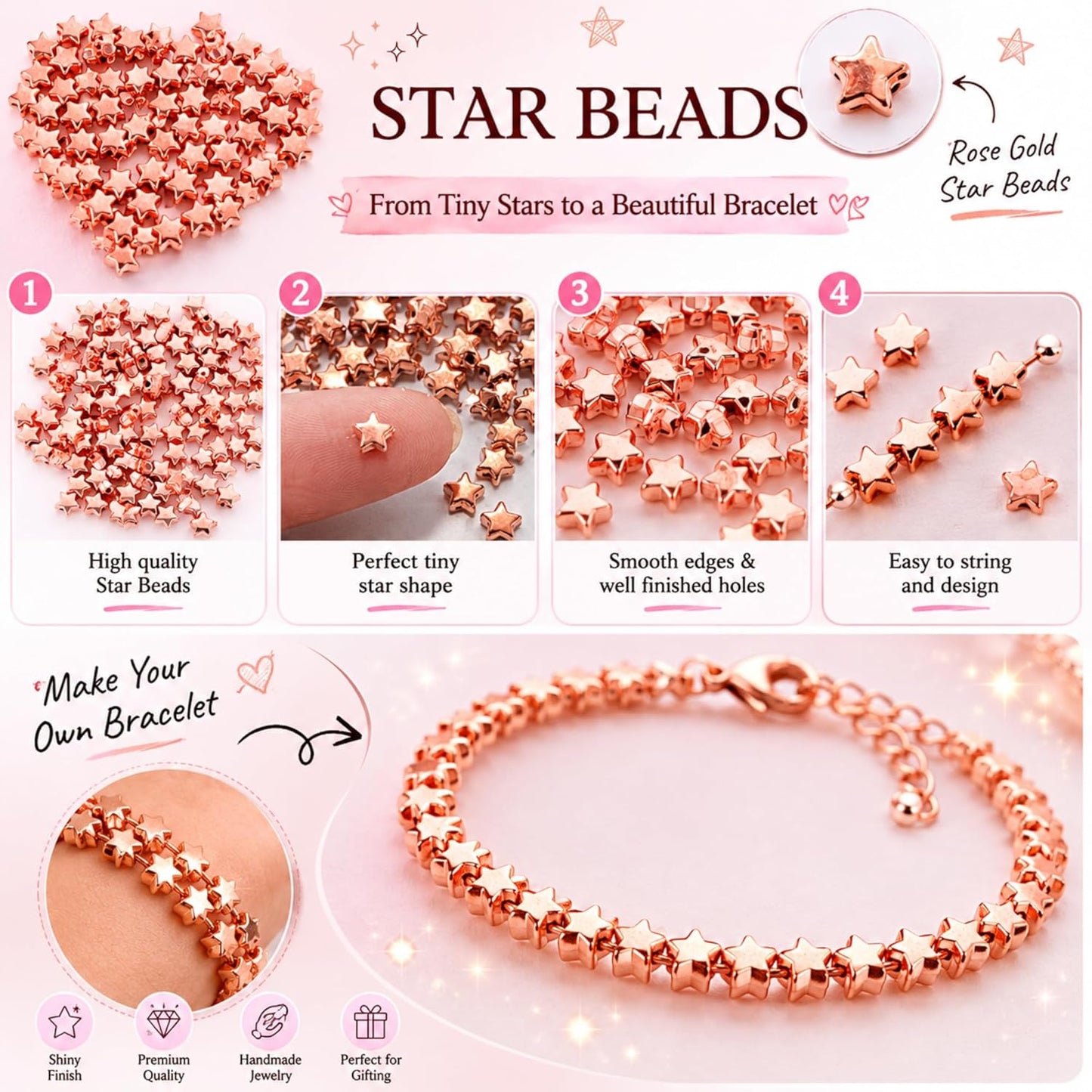 Rose Gold Star Spacer Beads for Jewelry Making 1mm Hole ( 500 pcs )