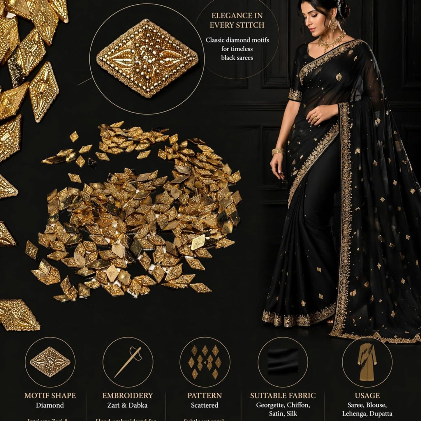 Gold Diamond Shape Embroidery for Saree Blouse Dress Zari Dabka Embellishments