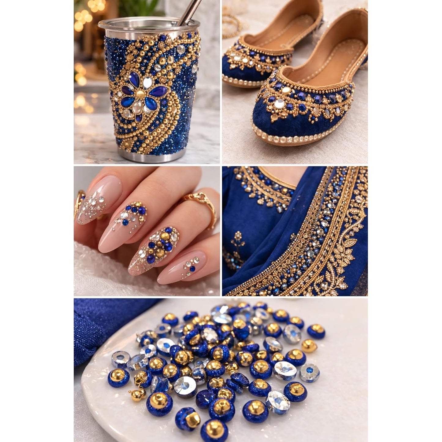 Blue Rhinestones Circular Stickable Plastic Kundan Beads for Saree Border Jewelry Making Nail Face Makeup Art Crafts Clothes Decoration DIY Art & Crafts