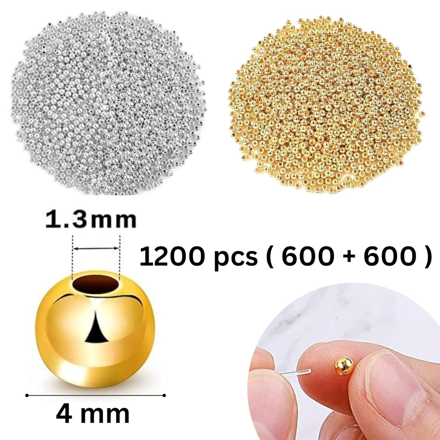 1200 pcs Golden Silver Spacer Beads Smooth Round Bracelet Beads Metal Craft with Holes Small Loose Spacer for DIY Necklace Jewelry Making DIY Art & Crafts