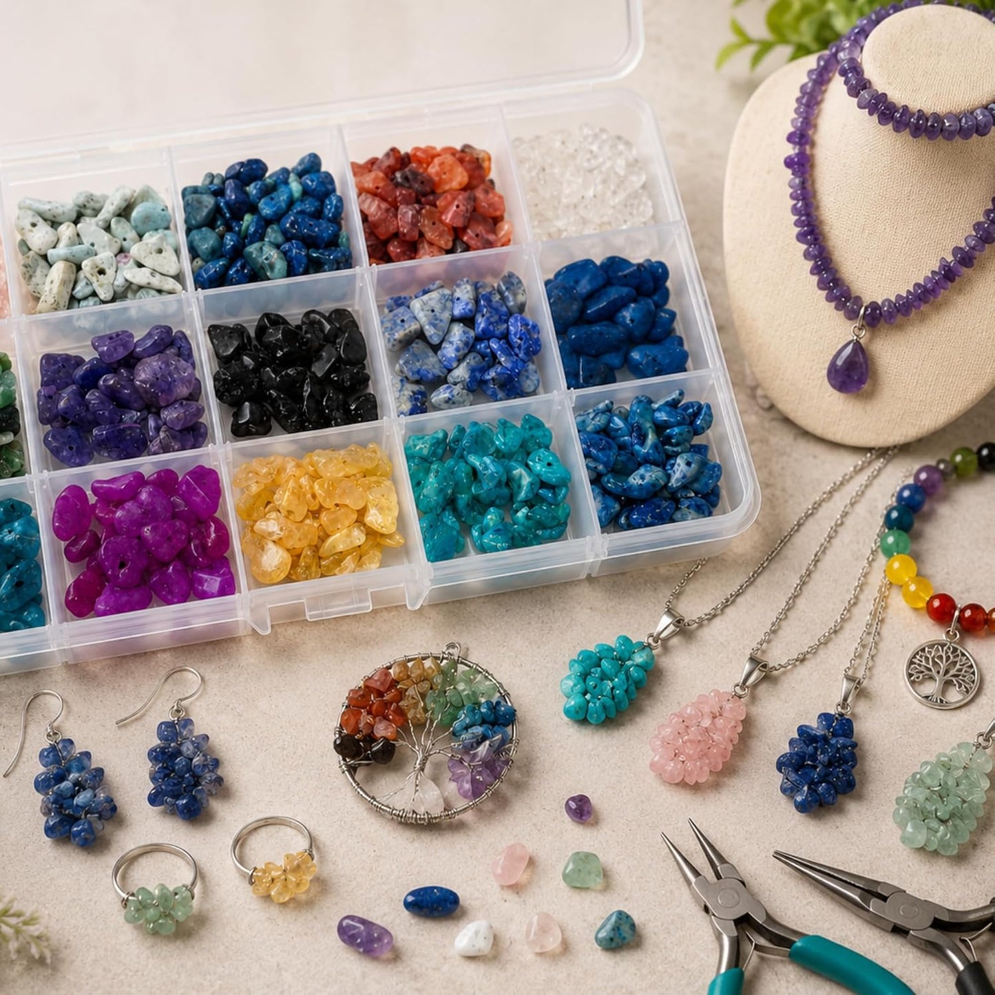 15 Color Natural Stone Chip Beads Jewelry Making Kit