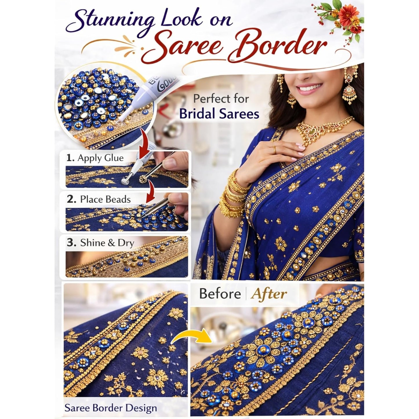 Blue Rhinestones Circular Stickable Plastic Kundan Beads for Saree Border Jewelry Making Nail Face Makeup Art Crafts Clothes Decoration DIY Art & Crafts