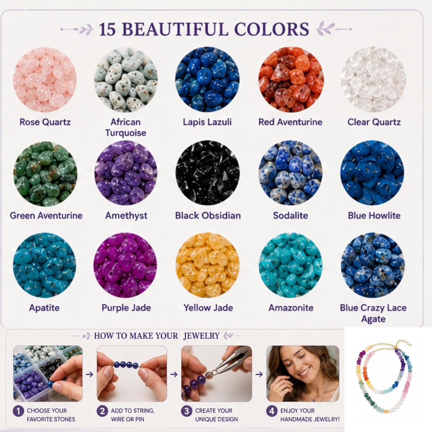 15 Color Natural Stone Chip Beads Jewelry Making Kit